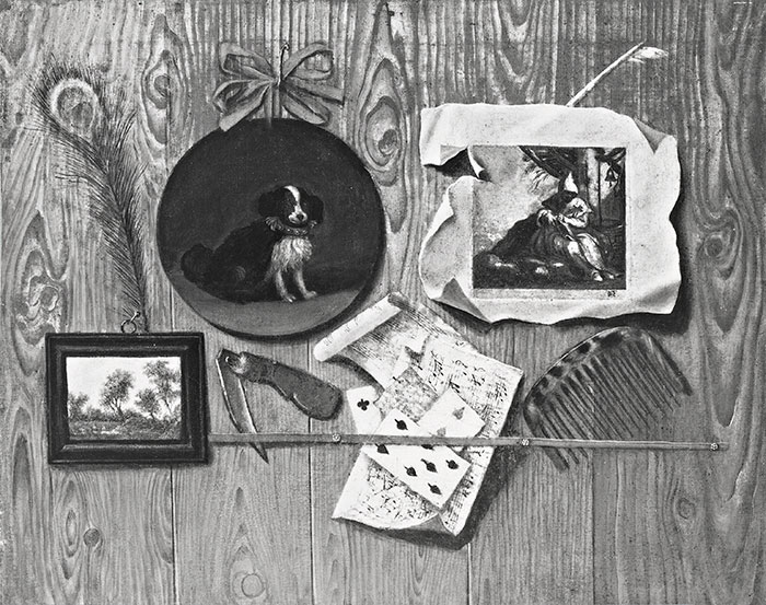 Sotheby's — Mara Antonio (Scarpetta) - sec. XVIII - Trompe-l'oeil con stampa, dipinti, pettine e carte da gioco — insieme